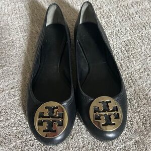 Tory Burch Black Flats with Gold Logo